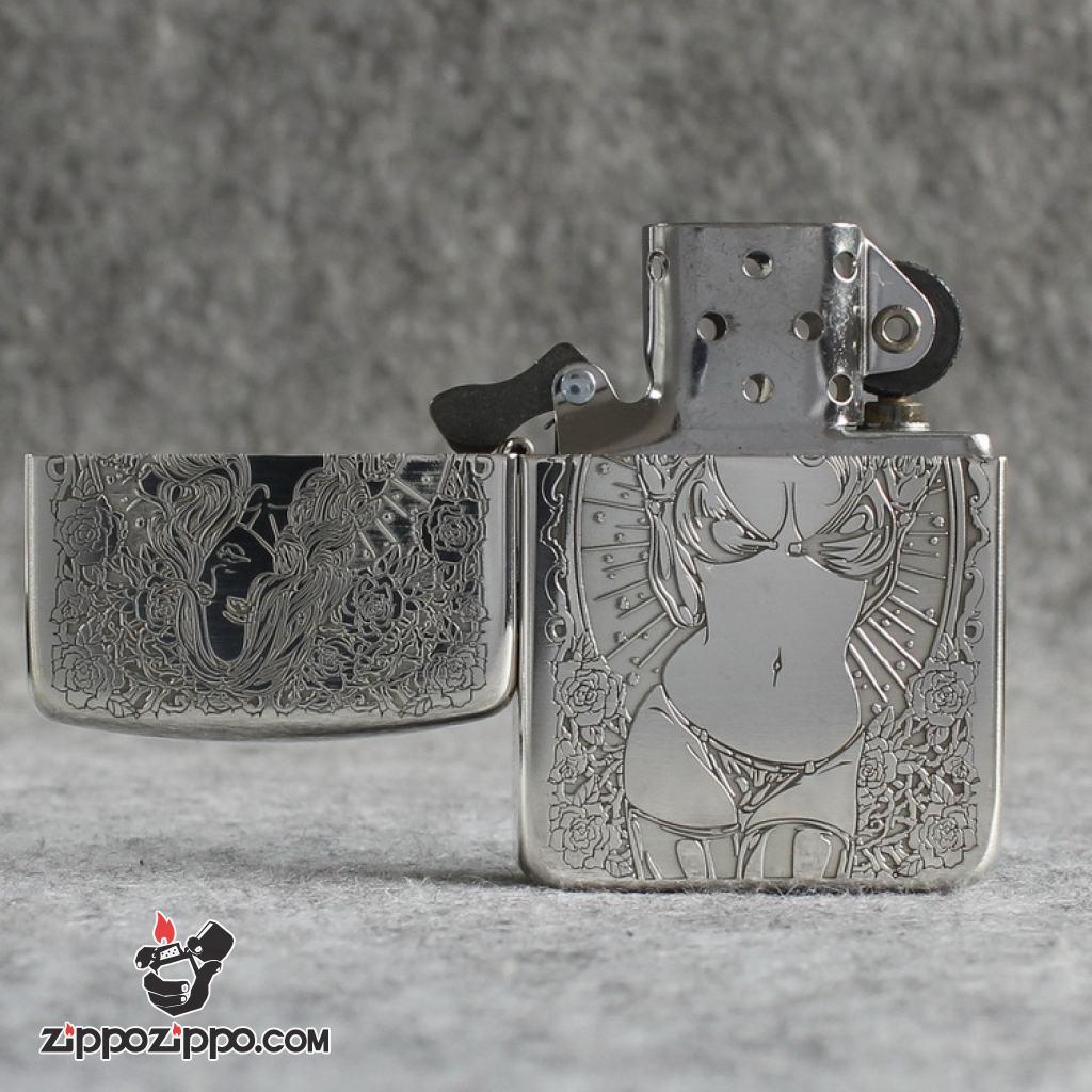 Bật Lửa Zippo Bạc Nguyên Khối Cao Cấp Khắc Cô Gái Sexy Và Đâu Lâu Phiên Bản 1941
