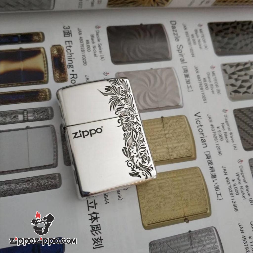 Bật Lửa Zippo Bạc Nguyên Khối Cao Cấp Khắc Họa Tiết Hoa Văn ý Bản Armor
