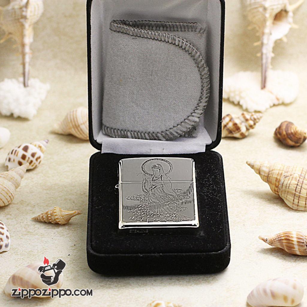 Bật Lửa Zippo Bạc Nguyên Khối Cao Cấp Khắc Phật Bà Quan Âm