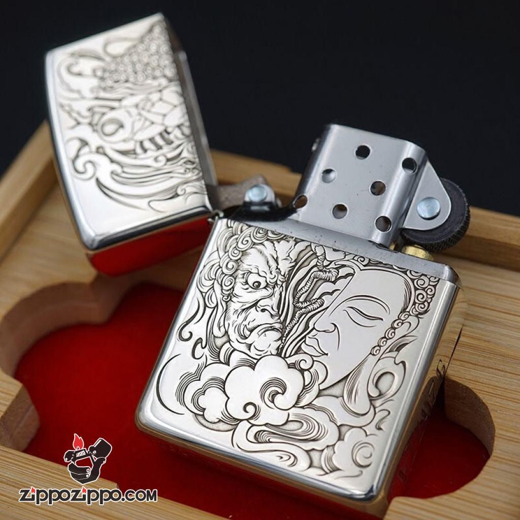 Bật Lửa Zippo Bạc Nguyên Khối Cao Cấp Khắc Đức Phật Và Quỷ Bản Armor