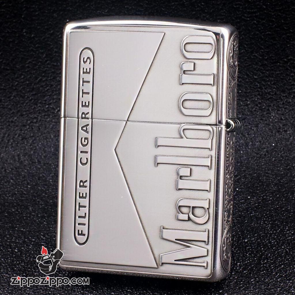 Bật Lửa Zippo Bạc Nguyên Khối Cao Cấp Khắc Logo Marlboro Phiên Bản Amor