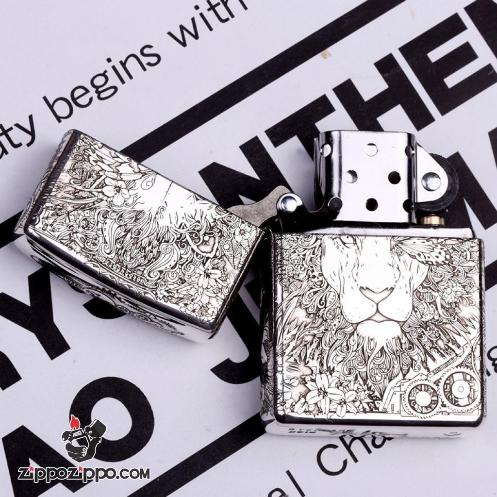 Bật Lửa Zippo Bạc Nguyên Khối Cao Cấp Khắc Lion Punk
