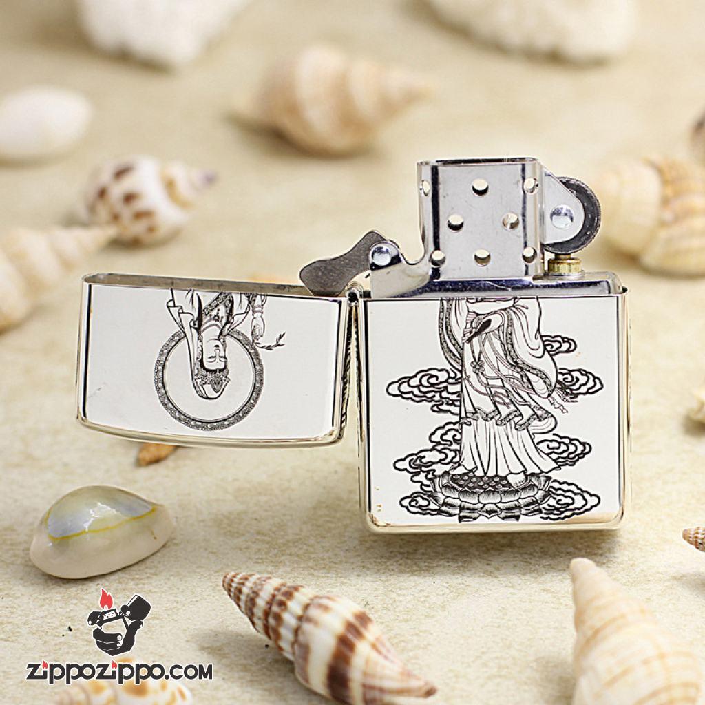 Bật Lửa Zippo Bạc Nguyên Khối Cao Cấp Khắc Phật Bà Quan Âm