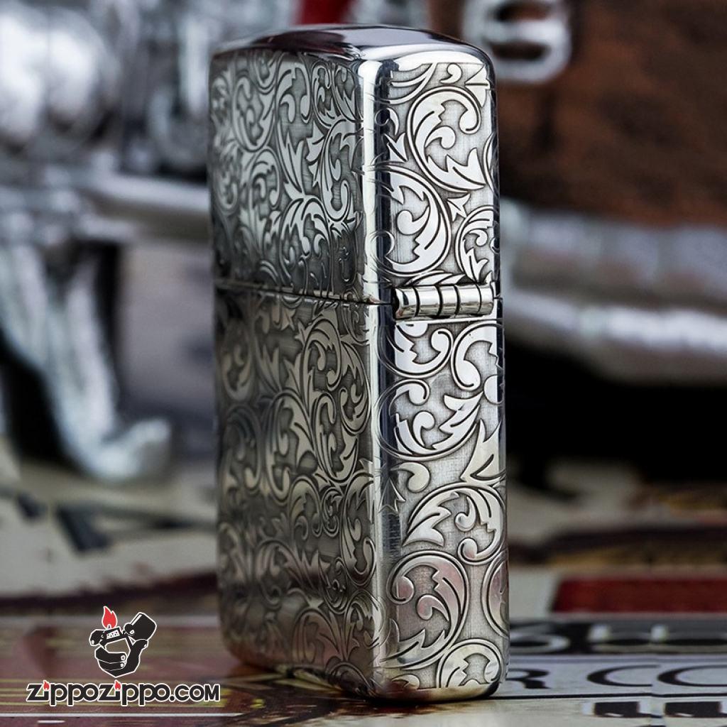 Bật Lửa Zippo Bạc Nguyên Khối Cao Cấp Khắc Hoa Văn Arabesque Và Logo Zippo Vỏ Dầy Bản Armor