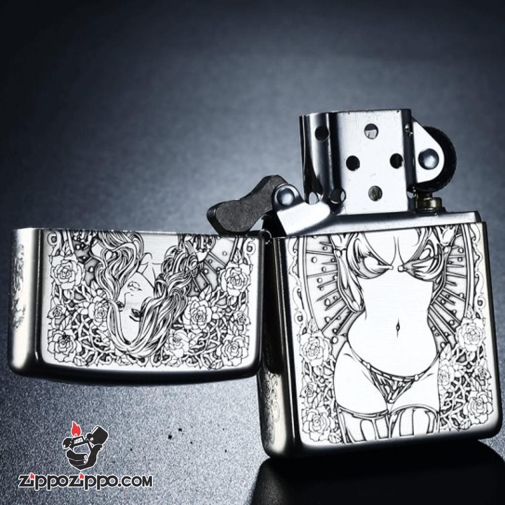 Bật Lửa Zippo Bạc Nguyên Khối Cao Cấp Khắc Chạm Khắc Khắc Hình Cô Gái Sexy Vỏ Dầy Bản Armor