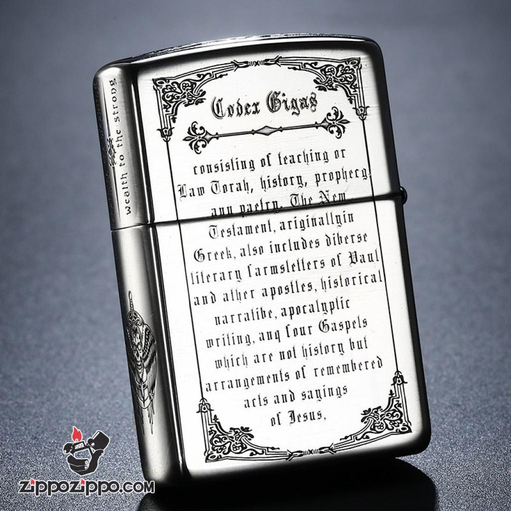 Bật Lửa Zippo Bạc Nguyên Khối Khắc  Codex Gigas Vỏ Dày Bản Armor