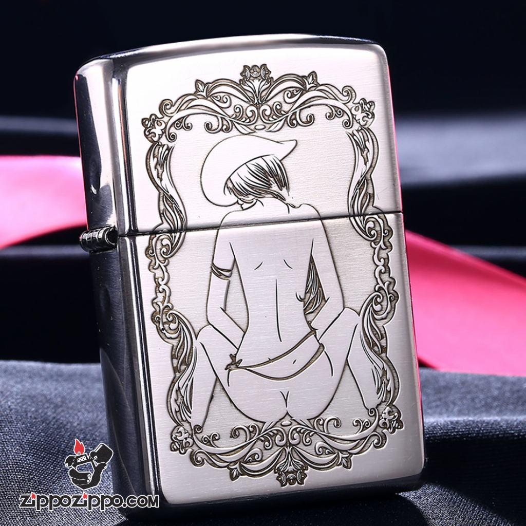 Bật Lửa Zippo Bạc Nguyên Khối Cao Cấp Khắc Khắc Cô Gái Cao Bồi Gợi Cảm Bản Vỏ Mỏng