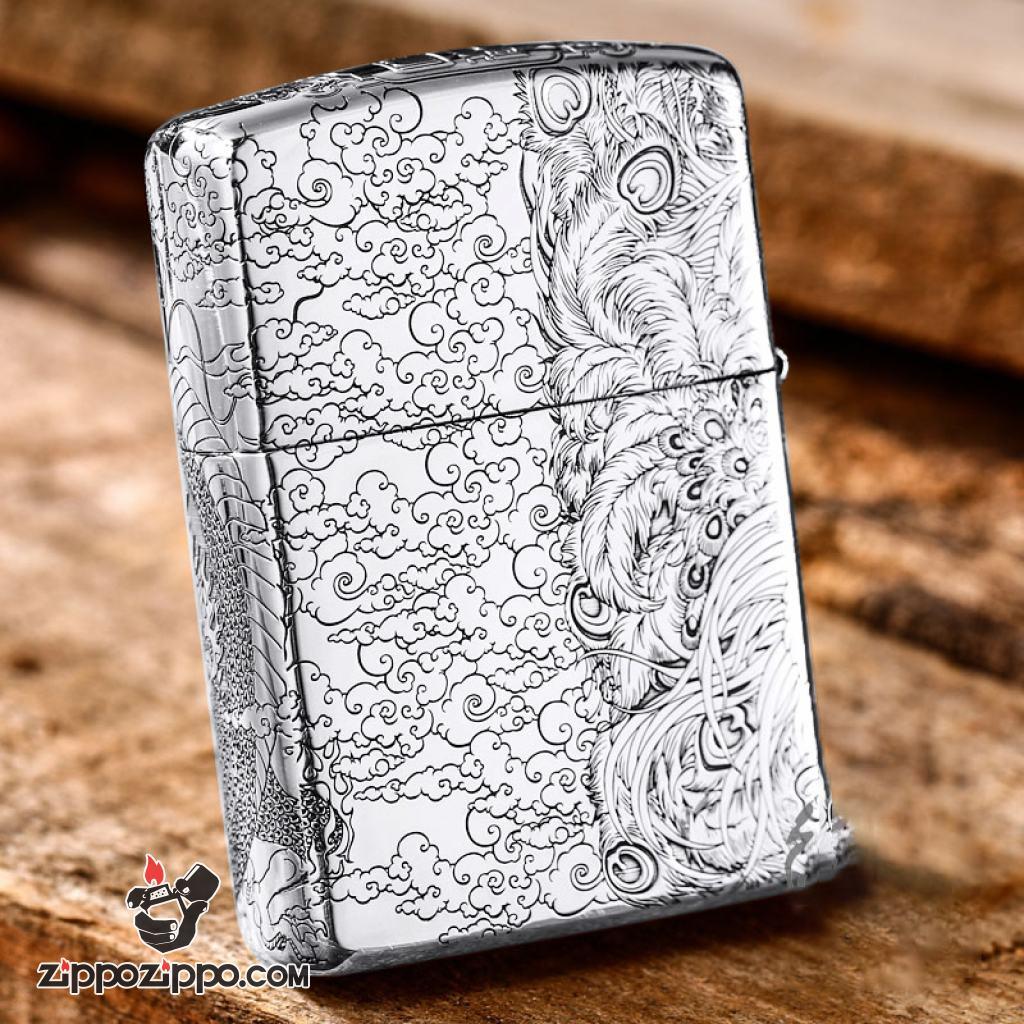 Bật Lửa Zippo Bạc Nguyên Khối Cao Cấp Chạm Khắc Long Phụng Chanh Đấu Bản Vỏ Mỏng