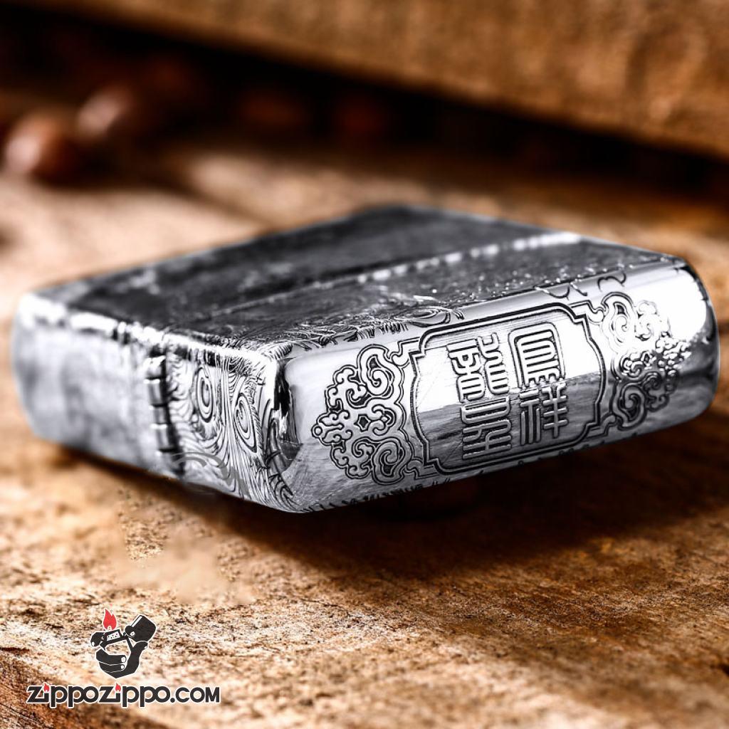 Bật Lửa Zippo Bạc Nguyên Khối Cao Cấp Chạm Khắc Long Phụng Chanh Đấu Vỏ Dầy Bản Armor