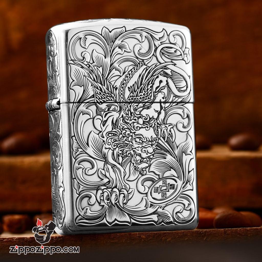 Bật Lửa Zippo Bạc Nguyên Khối Cao Cấp Khắc Tỳ Hưu Năm Mặt Tài Lộc Giới Hạn 99 Chiếc Bản Armor
