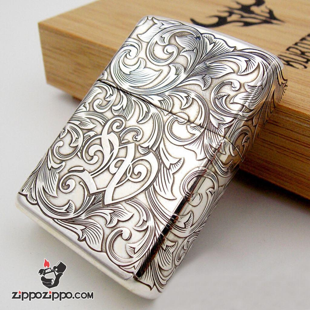 Bật lửa Zippo Bạc Nguyên Khối Cao Cấp Khắc Hoa Văn Tình Yêu Cẩm Chướng Vỏ Dầy Bản Armor