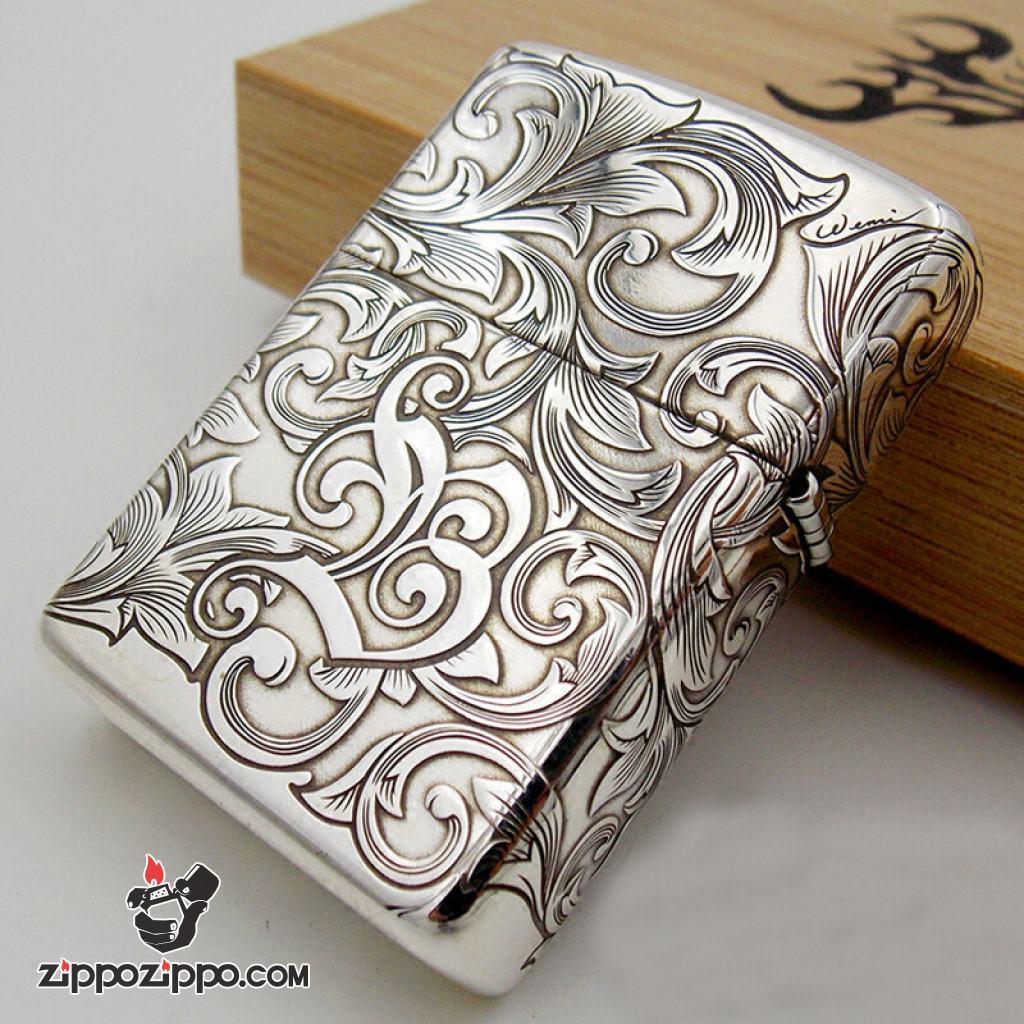 Bật lửa Zippo Bạc Nguyên Khối Cao Cấp Khắc Hoa Văn Tình Yêu Cẩm Chướng Vỏ Dầy Bản Armor