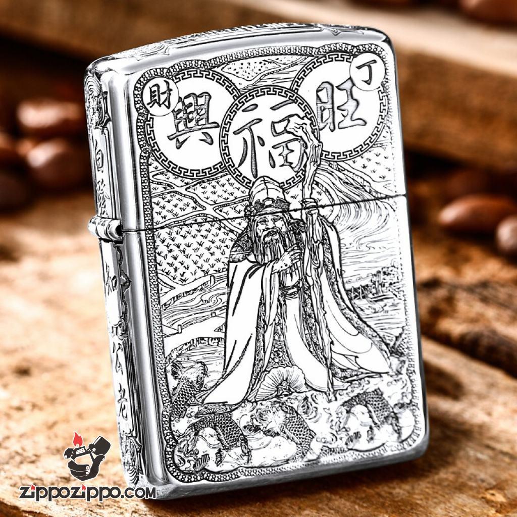 Bật lửa Zippo Bạc Nguyên Khối Cao Cấp Khắc Ông Thổ Địa Vỏ Dầy Bản Armor
