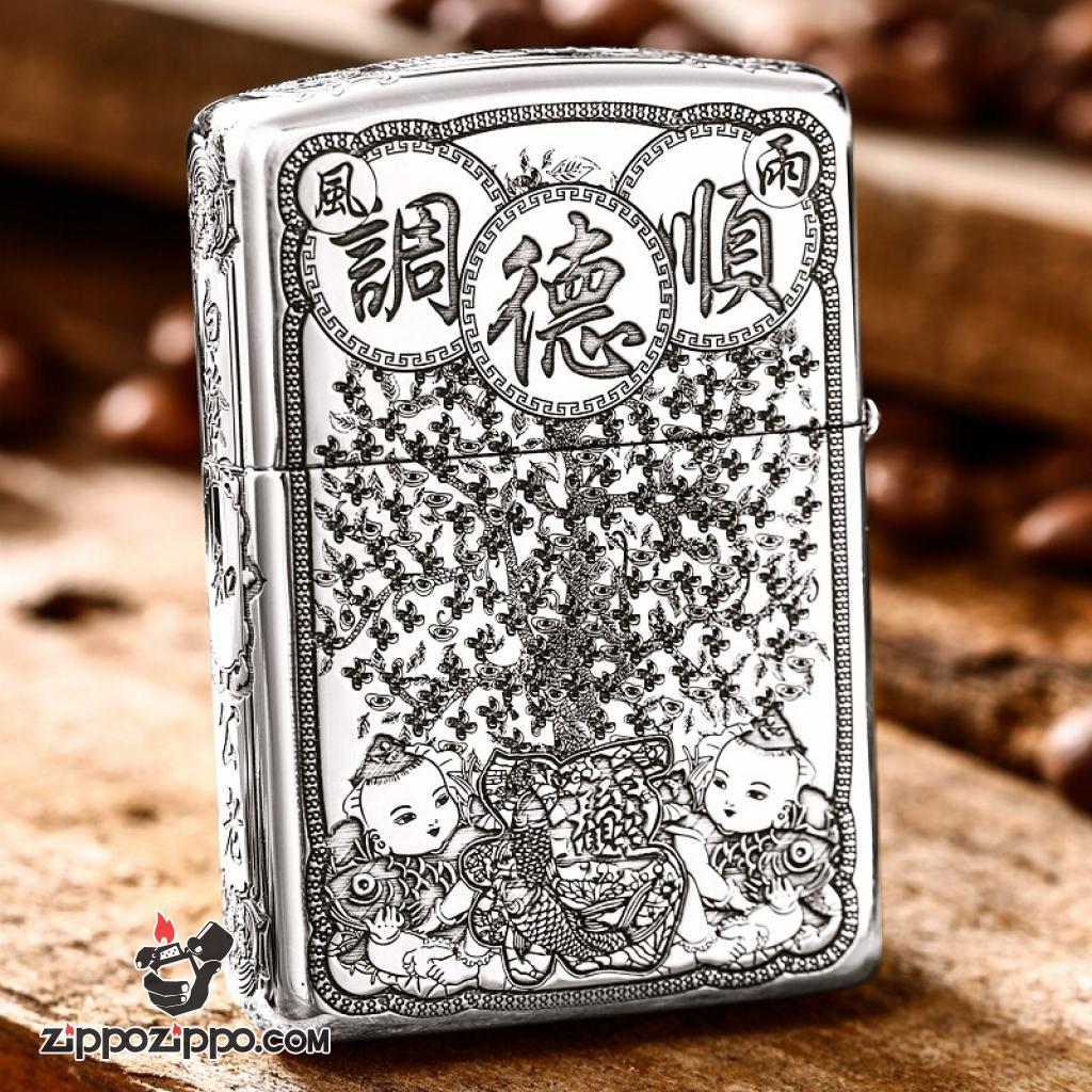Bật lửa Zippo Bạc Nguyên Khối Cao Cấp Khắc Ông Thổ Địa Vỏ Dầy Bản Armor