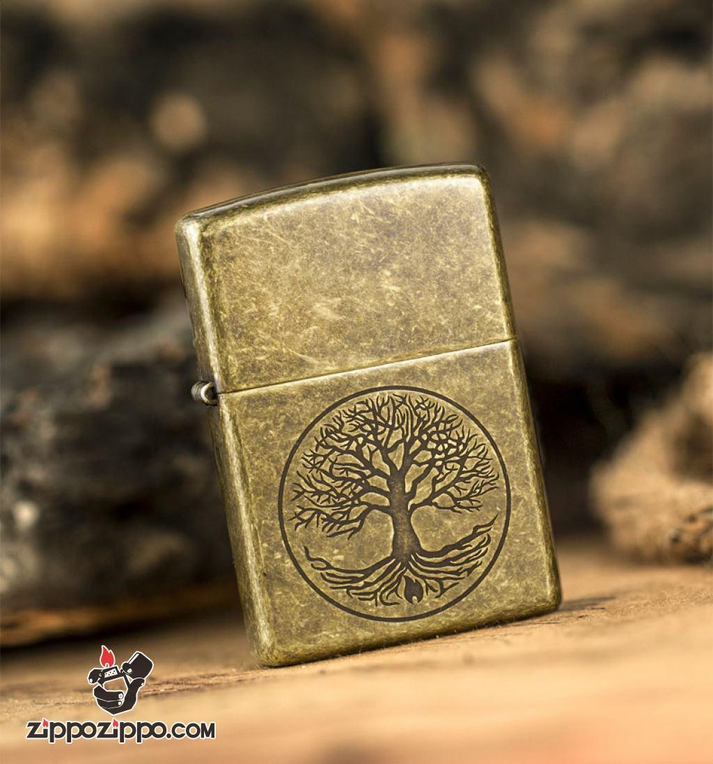 Bật Lửa Zippo Mạ Antique Brass Khắc Cây Sự Sống - SKU 29149
