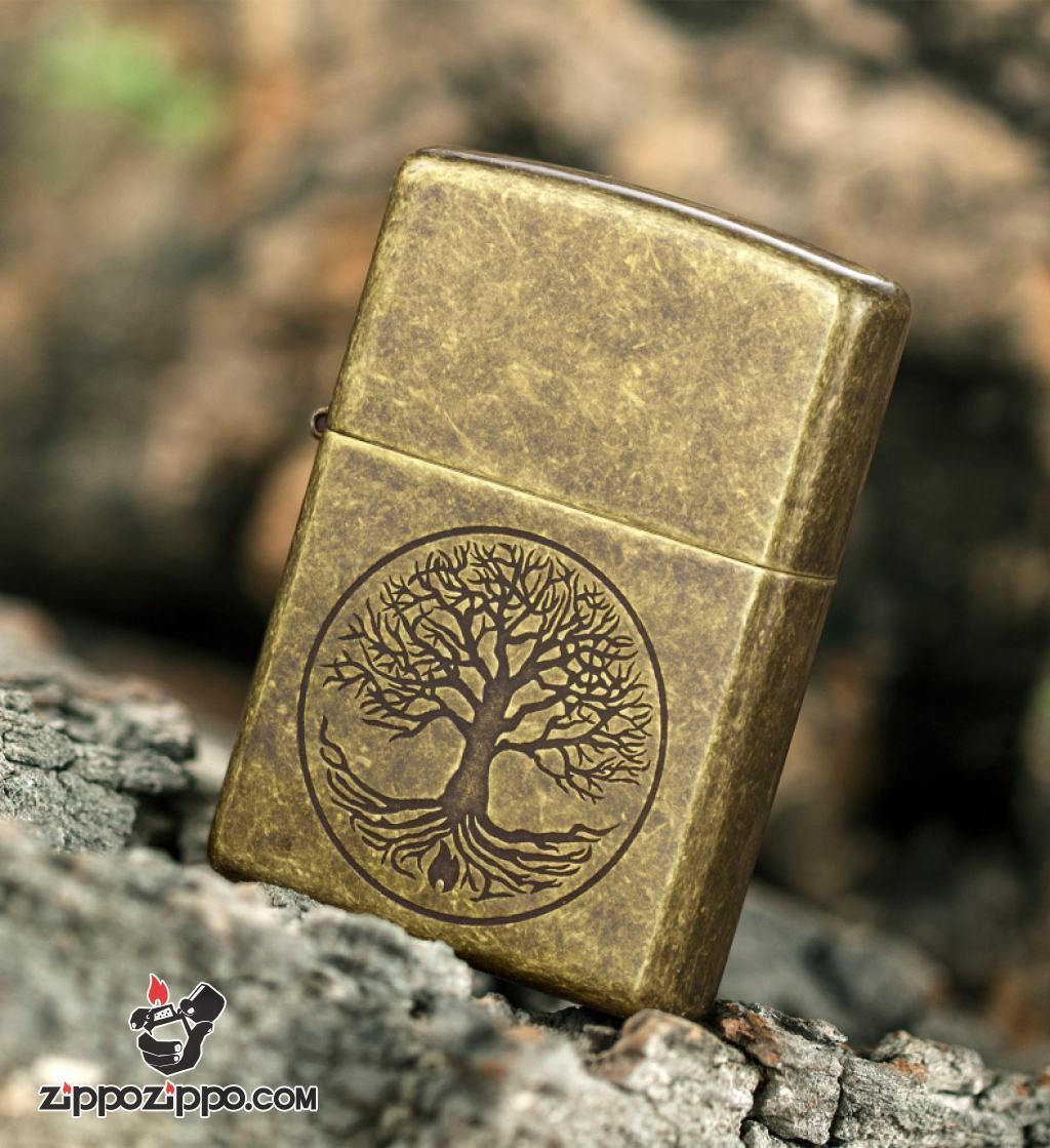 Bật Lửa Zippo Mạ Antique Brass Khắc Cây Sự Sống - SKU 29149