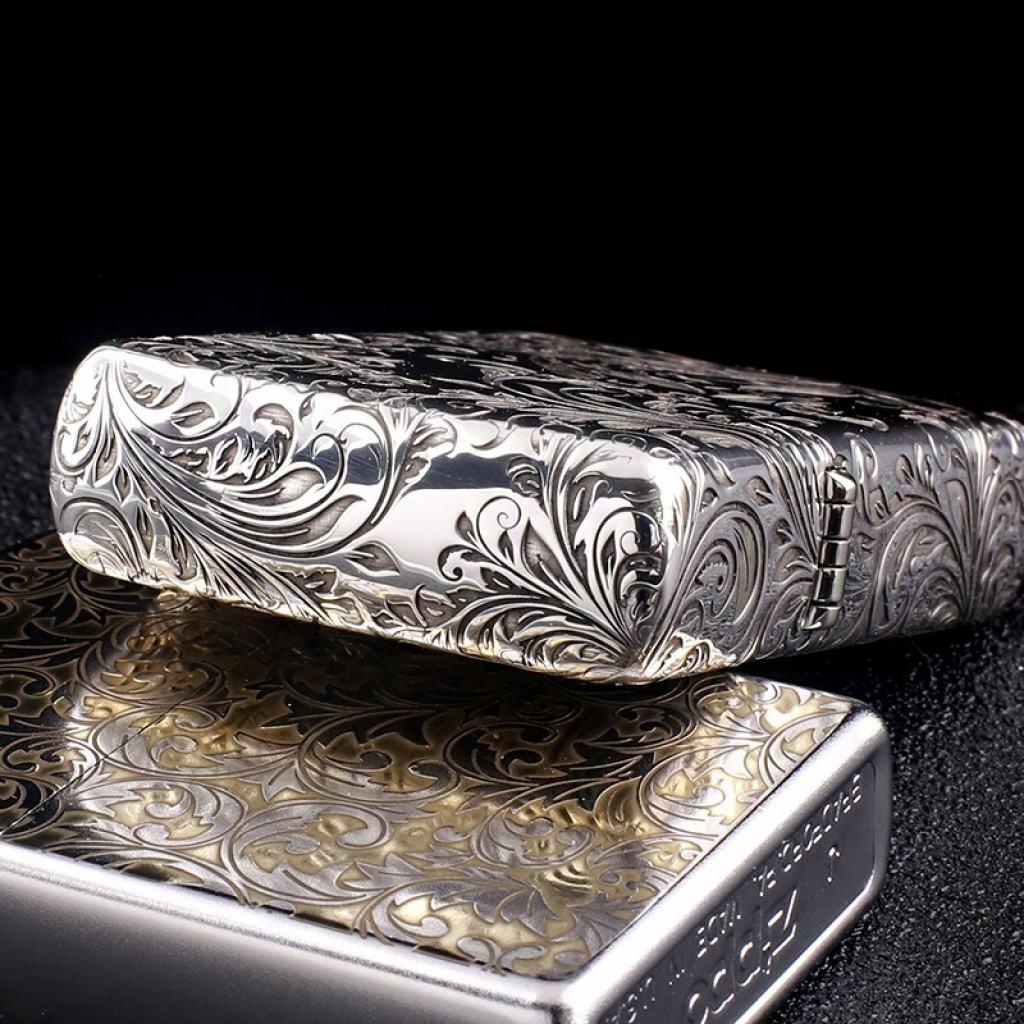 Bật Lửa Zippo Bạc Nguyên Khối Cao Cấp Khắc Hoa Văn Tình Yêu Hoa Elf Vỏ Dầy Bản Armor