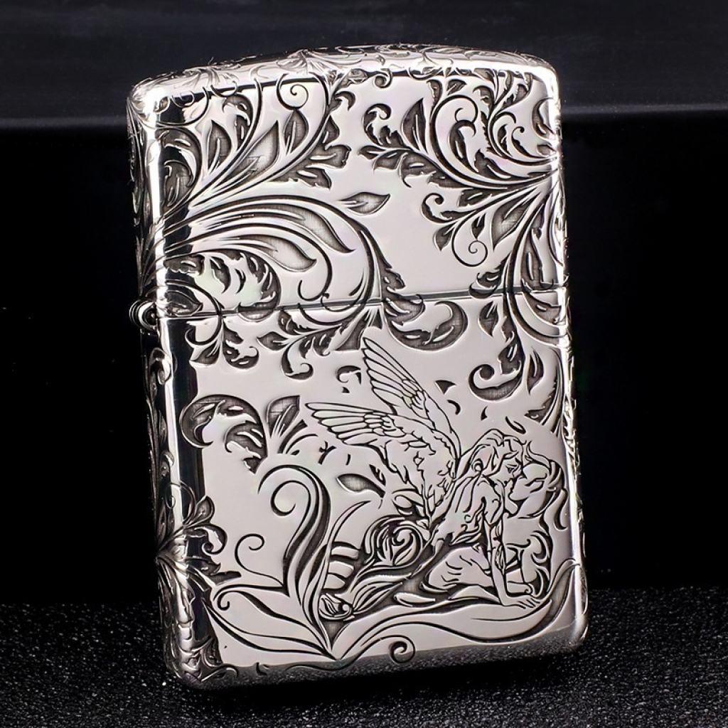 Bật Lửa Zippo Bạc Nguyên Khối Cao Cấp Khắc Hoa Văn Tình Yêu Hoa Elf Vỏ Dầy Bản Armor