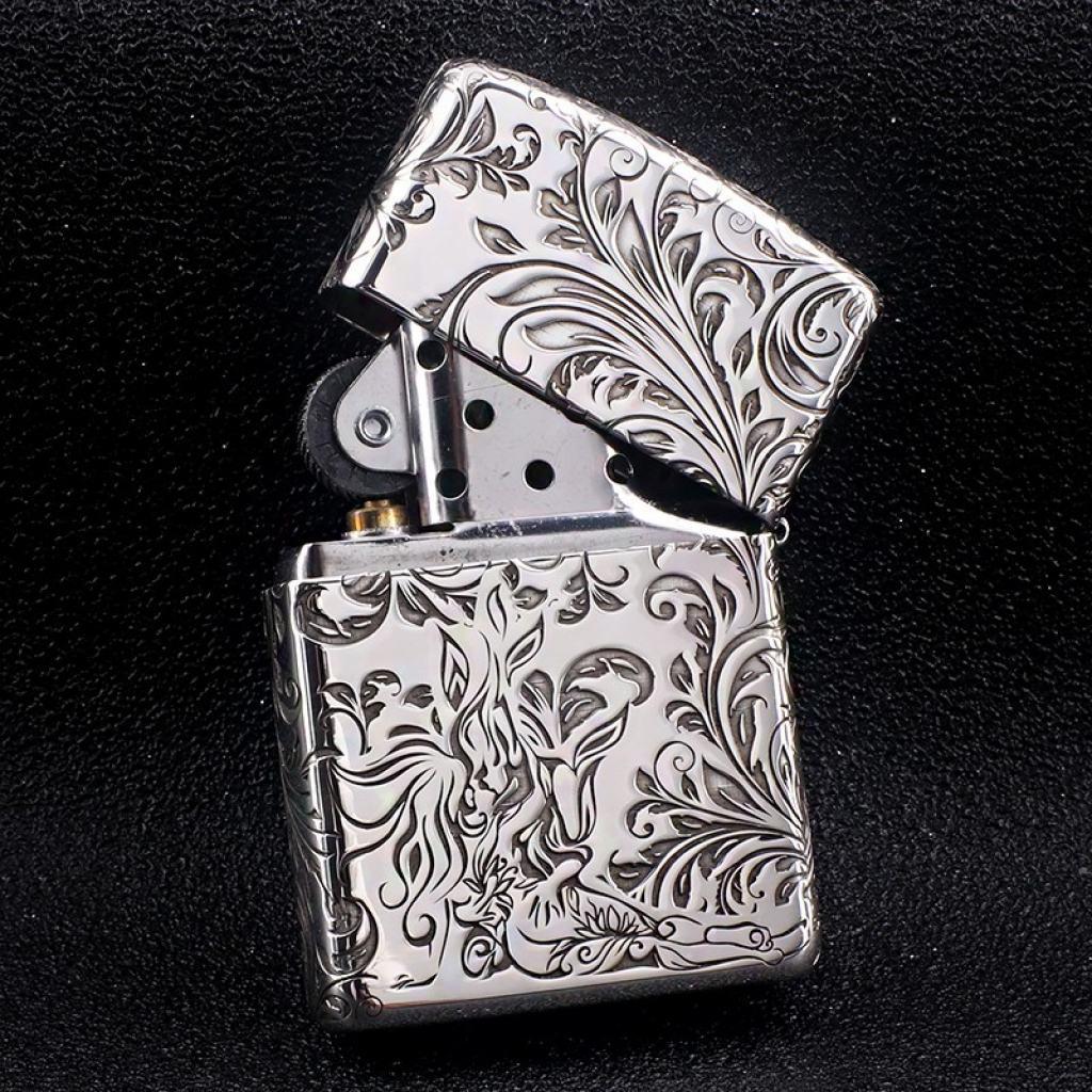 Bật Lửa Zippo Bạc Nguyên Khối Cao Cấp Khắc Hoa Văn Tình Yêu Hoa Elf Vỏ Dầy Bản Armor