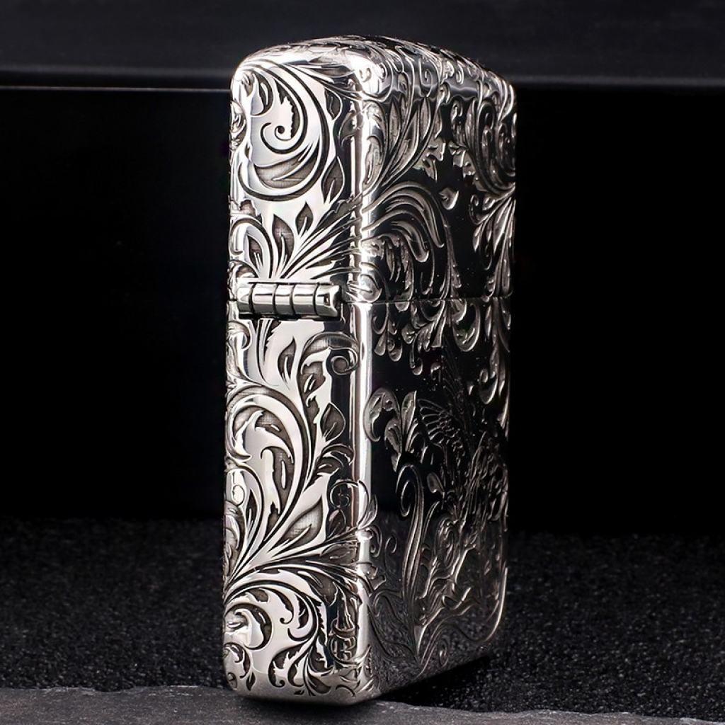 Bật Lửa Zippo Bạc Nguyên Khối Cao Cấp Khắc Hoa Văn Tình Yêu Hoa Elf Vỏ Dầy Bản Armor