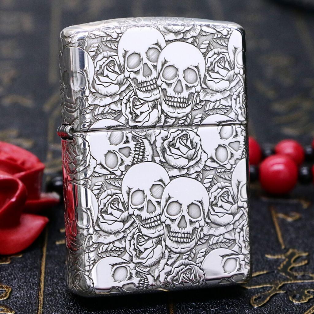 Bật Lửa Zippo Bạc Nguyên Khối Cao Cấp Khắc Năm Mặt Đầu Lâu Hoa Hồng Vỏ Dày Armor