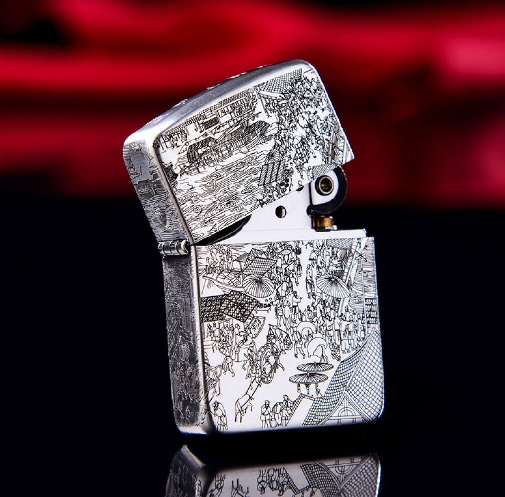 Bật Lửa Zippo Bạc Nguyên Khối Cao Cấp Khắc Bức Tranh Cổ Phiên Bản 1941