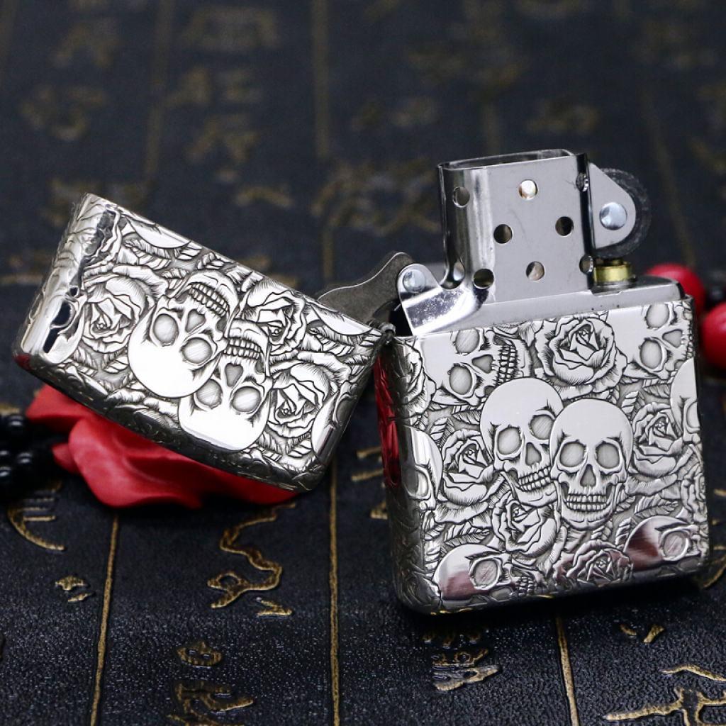 Bật Lửa Zippo Bạc Nguyên Khối Cao Cấp Khắc Năm Mặt Đầu Lâu Hoa Hồng Vỏ Dày Armor