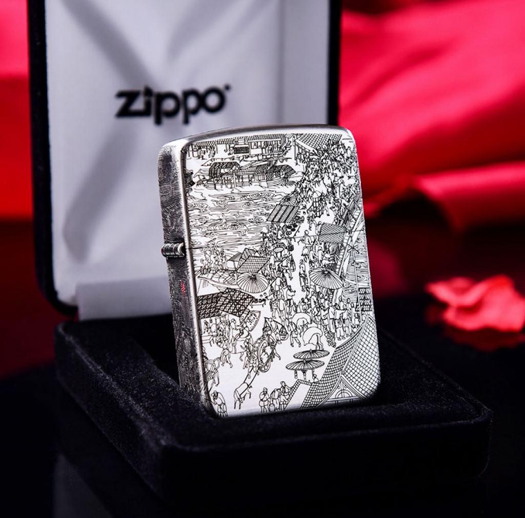 Bật Lửa Zippo Bạc Nguyên Khối Cao Cấp Khắc Bức Tranh Cổ Phiên Bản 1941