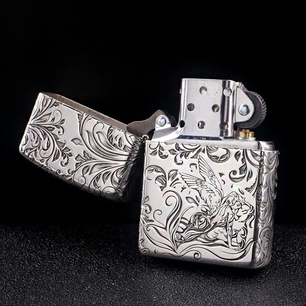 Bật Lửa Zippo Bạc Nguyên Khối Cao Cấp Khắc Hoa Văn Tình Yêu Hoa Elf Vỏ Dầy Bản Armor