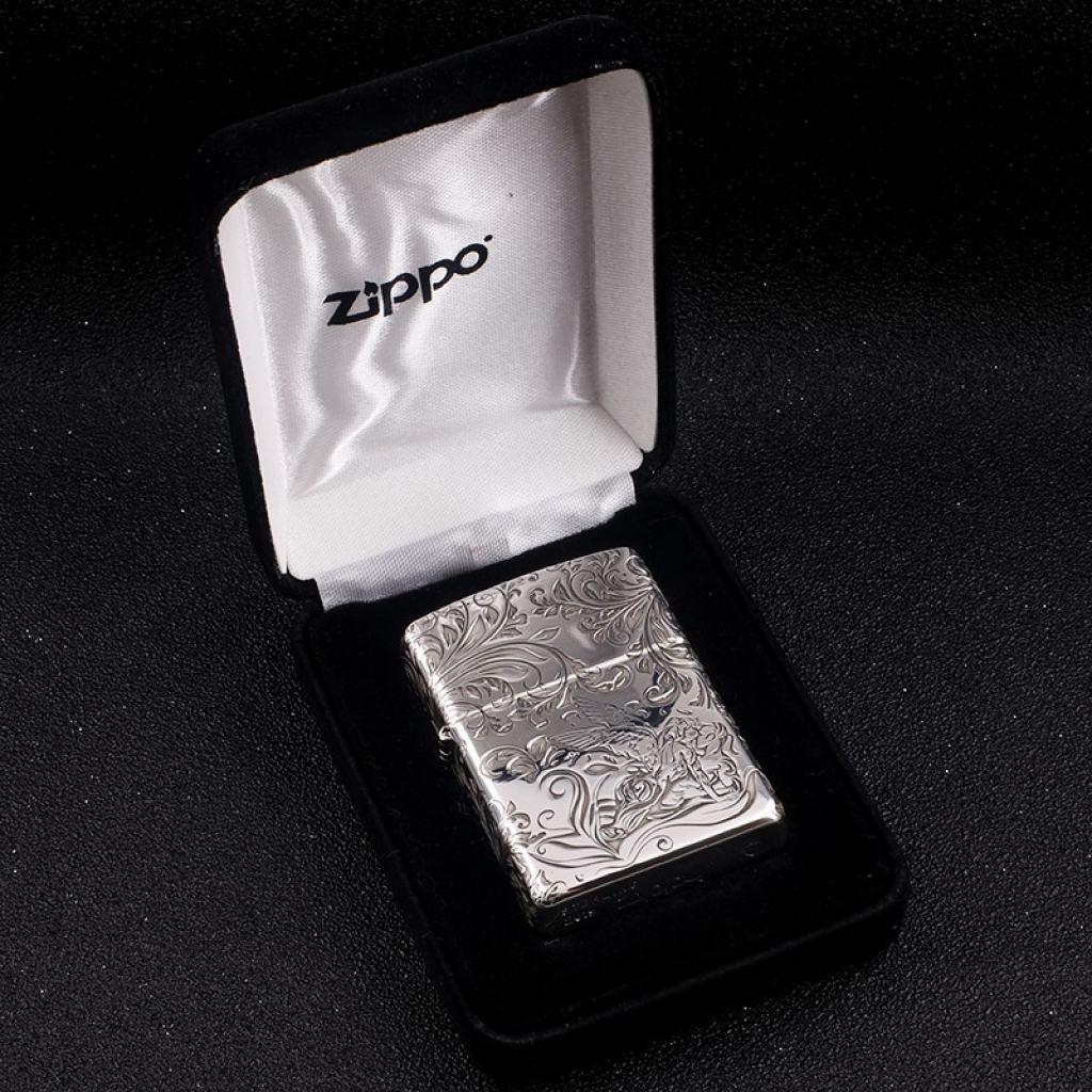 Bật Lửa Zippo Bạc Nguyên Khối Cao Cấp Khắc Hoa Văn Tình Yêu Hoa Elf Vỏ Dầy Bản Armor