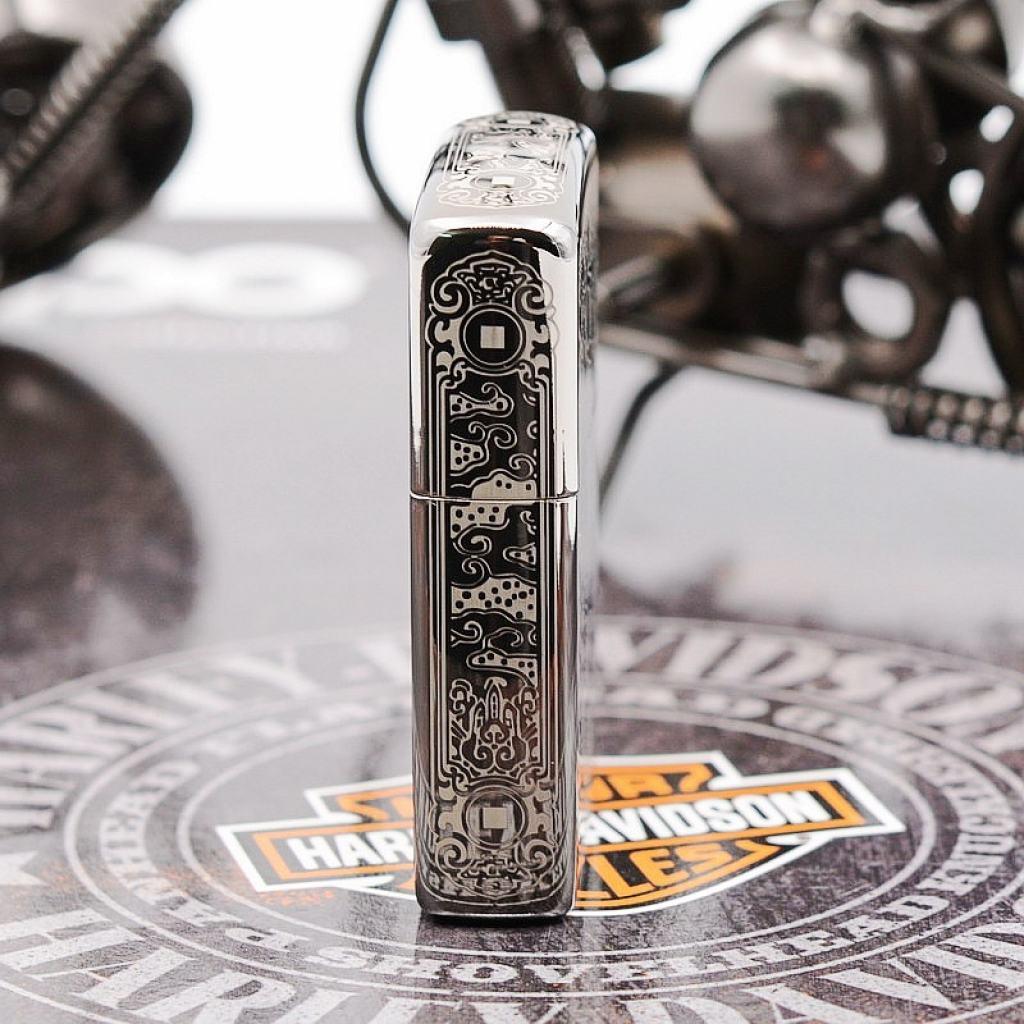 Bật Lửa Zippo Chính Hãng Khắc Tỳ Hưu Cưỡi Đồng Xu Đen Bóng