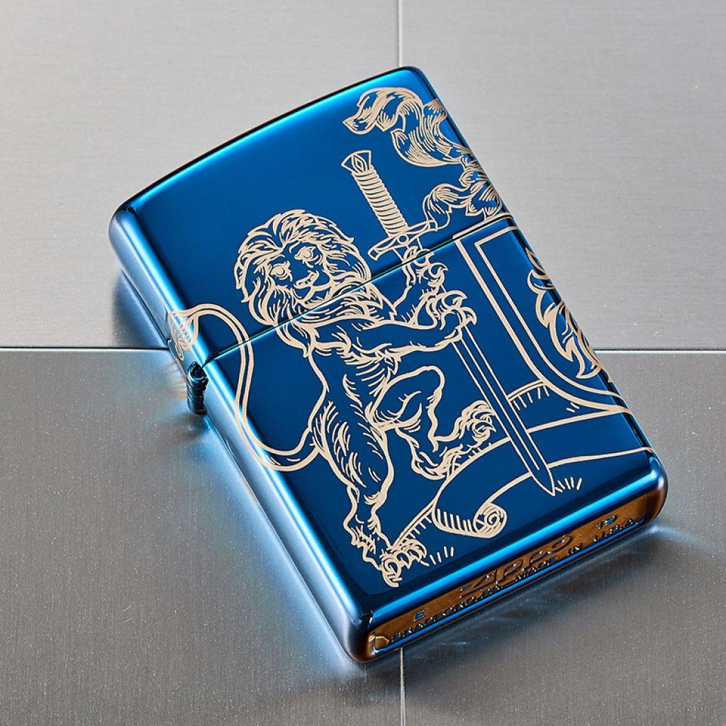 Bật Lửa Zippo Xanh Dương Khắc Biểu Tượng Sư Tử Trung Cổ