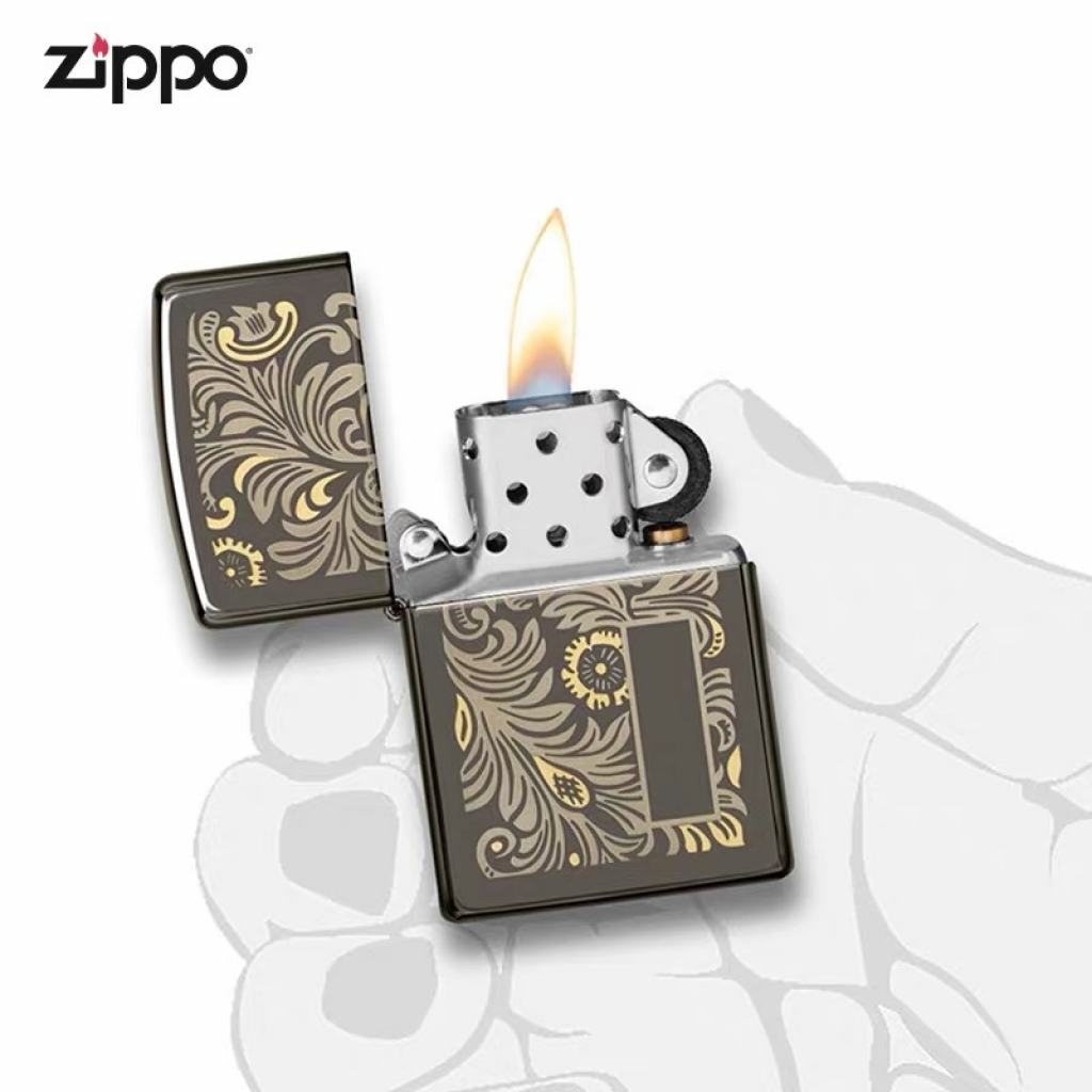 Bật Lửa Zippo Chính hãng Khắc Hoa Văn Venetian Đen Bóng