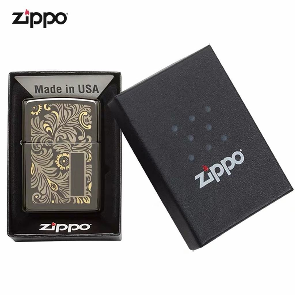Bật Lửa Zippo Chính hãng Khắc Hoa Văn Venetian Đen Bóng