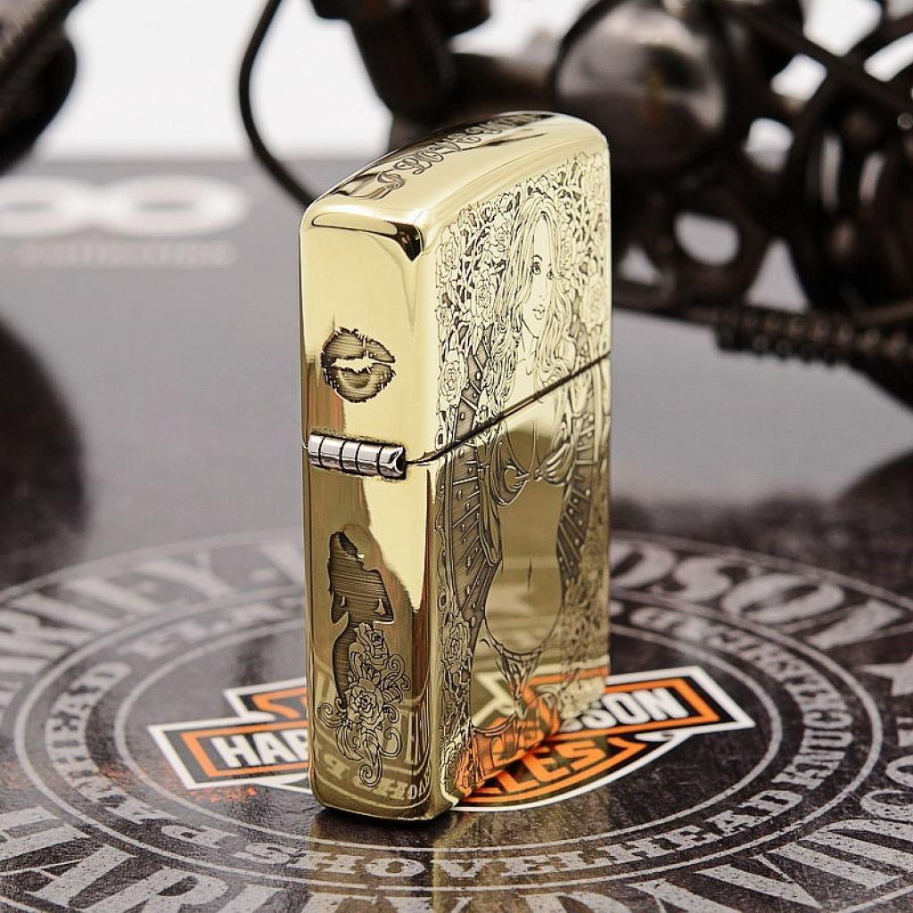 Bật Lửa Zippo Đồng Nguyên Khối Khắc Cô Gái Sexy Bản Vỏ Dầy Armor