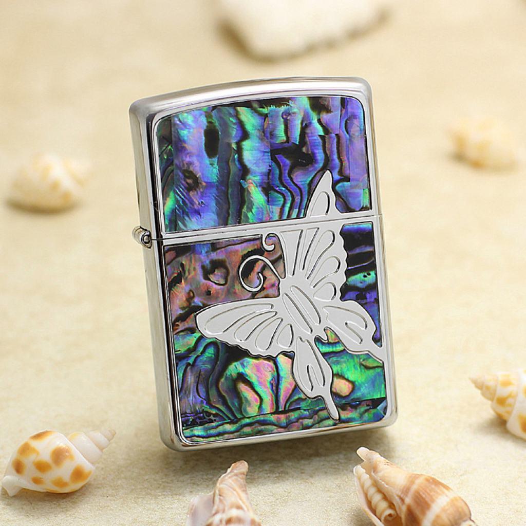 Bật Lửa Zippo Khảm Trai Xanh Hình Bướm Xinh