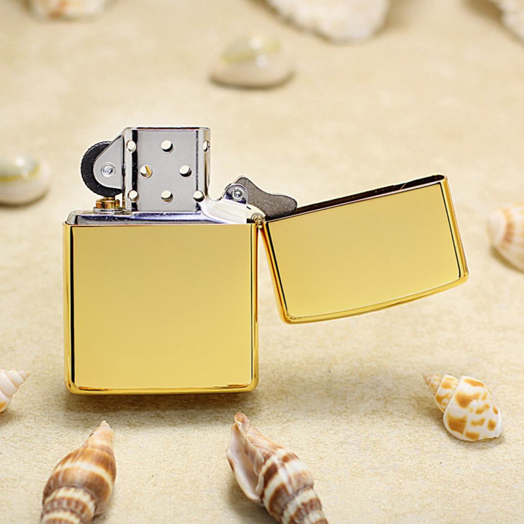 Bật Lửa Zippo Mạ Vàng Khảm Trai Tím Mèo Thần Tài May Mắn