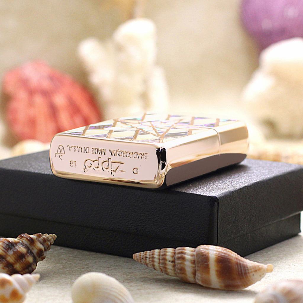 Bật Lửa Zippo Xuất Nhật Mạ Vàng Hồng Khảm Trai Ngôi Sao