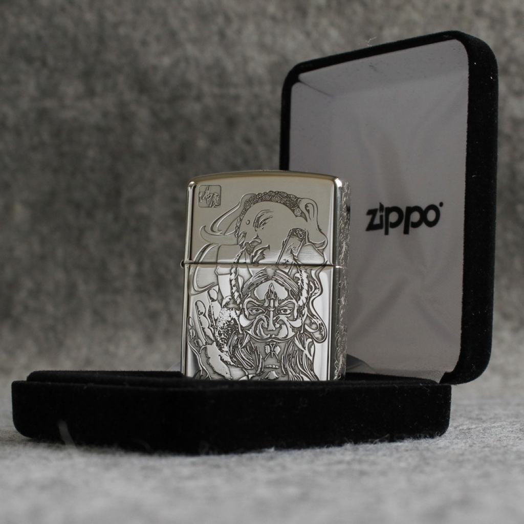 Bật lửa zippo bạc khối cao cấp khắc hình đức phật và ác quỷ bản armor