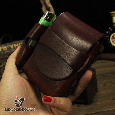 Bao da đựng hộp  20 điếu và bật lửa bên hông Màu Đỏ