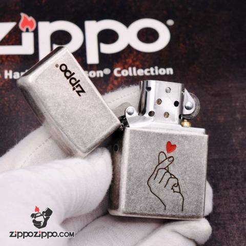 Bật Lửa Zippo Bạc Giả Cổ Khắc Biểu Tương Drop Heart