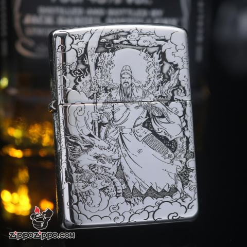 Bật Lửa Zippo Bạc Khối Cao Cấp Khắc Hình Quan Vân Trường Bản Vỏ Mỏng