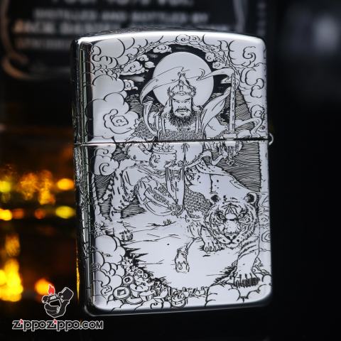 Bật Lửa Zippo Bạc Khối Cao Cấp Khắc Hình Quan Vân Trường Bản Vỏ Mỏng