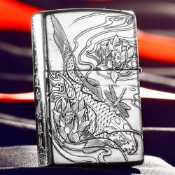 Bật Lửa Zippo Bạc Nguyên Khối Cao Cấp Chạm Khắc Cá Chép Vượt Long Môn Bản Vỏ Mỏng - Mã SP: ZPC2871