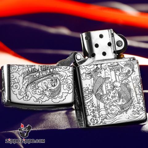 Bật Lửa Zippo Bạc Nguyên Khối Cao Cấp Chạm Khắc Cá Chép Vượt Long Môn Bản Vỏ Mỏng