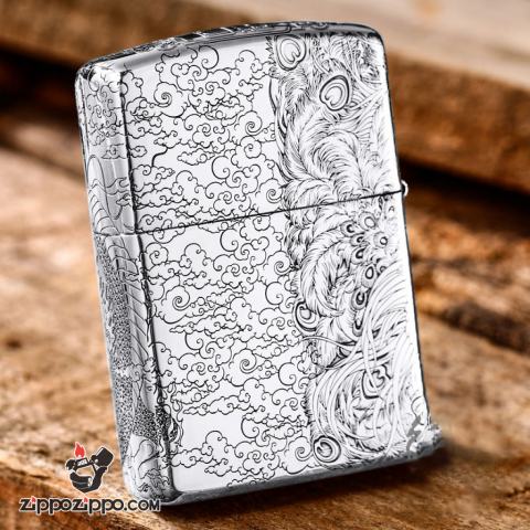 Bật Lửa Zippo Bạc Nguyên Khối Cao Cấp Chạm Khắc Long Phụng Chanh Đấu Vỏ Dầy Bản Armor