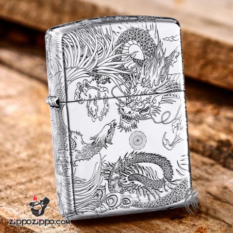 Bật Lửa Zippo Bạc Nguyên Khối Cao Cấp Chạm Khắc Long Phụng Chanh Đấu Vỏ Dầy Bản Armor