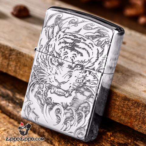 Bật Lửa Zippo Bạc Nguyên Khối Cao Cấp Hổ Và Móng Hổ Vỏ Dày Bản Armor