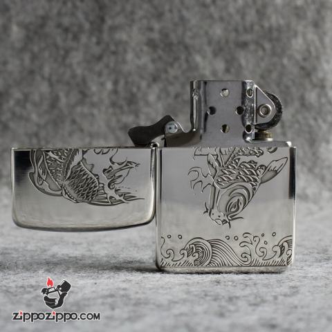 Bật Lửa Zippo Bạc Nguyên Khối Cao Cấp Khắc Cá Chép Hóa Rồng Bản 1941
