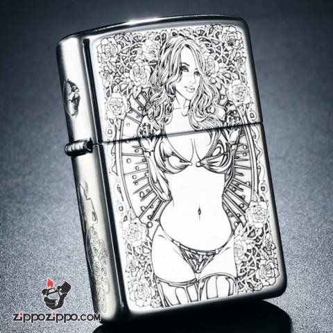 Bật Lửa Zippo Bạc Nguyên Khối Cao Cấp Khắc Chạm Khắc  Khắc Hình Cô Gái Sexy Vỏ Dầy Bản Armor